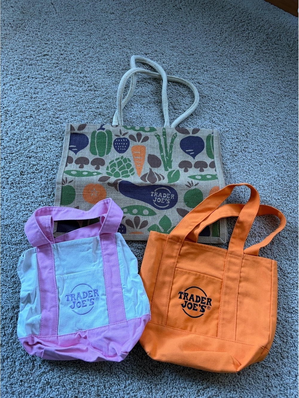 Trader Joe's Bag Lot of 3 Jute Burlap Veggie & 2 Mini Canvas Totes Orange, Pink